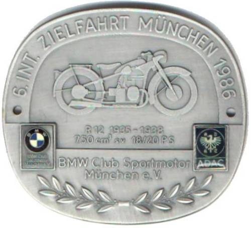 Auto und Motorrad Bronze-Plakette, versilbert 1985 a.d. 5. Int. Zielfahrt  München des BMW Club Sportmotor München e.V FDC-., mit 2 Montagelöchern